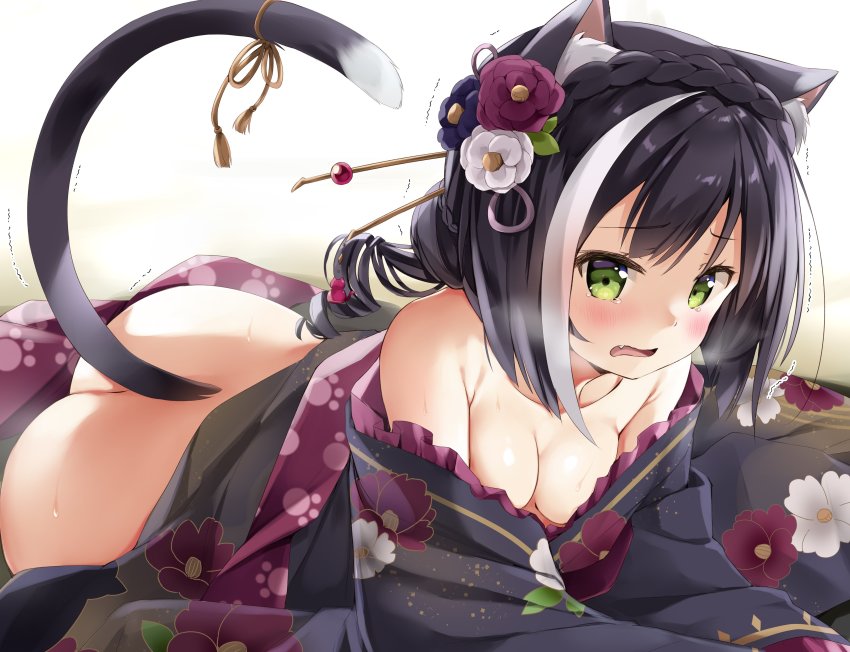 1girl, absurdres, animal_ear_fluff, animal_ears, ass, bare_shoulders, black_hair, black_kimono