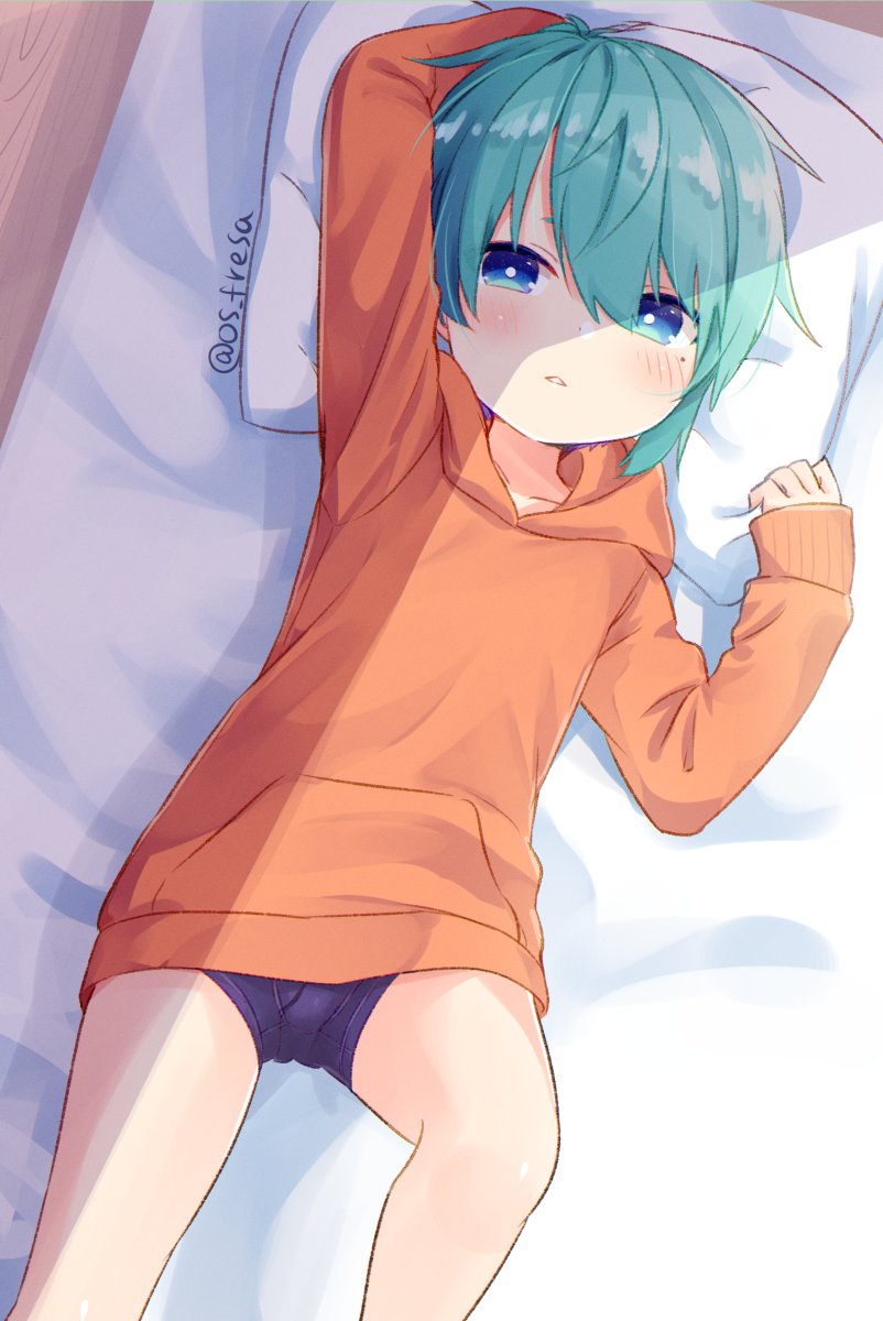 1boy, blue_eyes, blue_hair, blush, bulge, highres, indoors, long_sleeves
