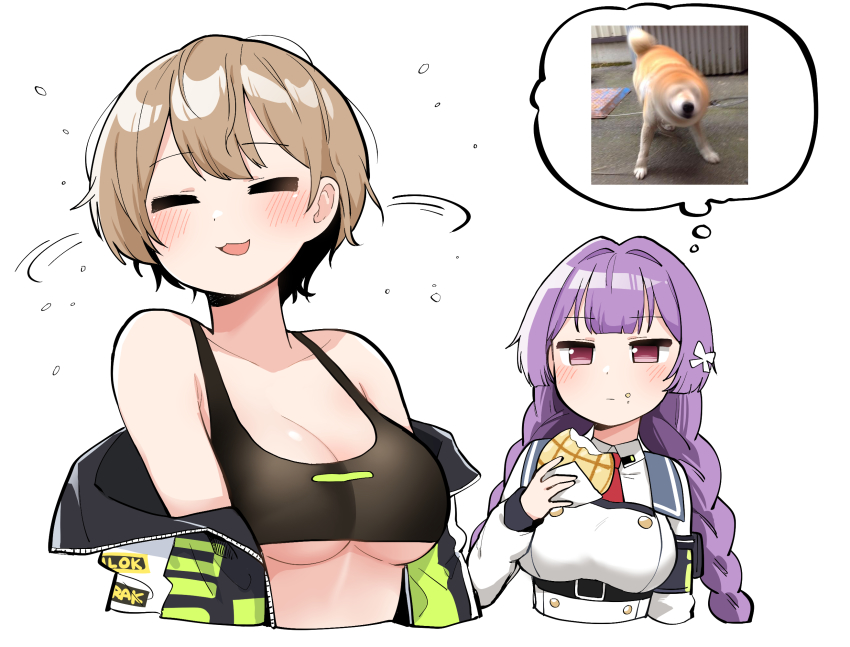2girls, =_=, bare_shoulders, belt, black_shirt, braid, bread, breasts, brown_hair, cleavage, counter:side, cropped_torso, eating, food, highres, holding, jacket, junsuina_fujunbutsu, kang_soyoung, large_breasts, lee_yumi_(counter:side), long_sleeves, looking_at_another, melon_bread, midriff, motion_lines, multiple_girls, off_shoulder, open_clothes, open_jacket, open_mouth, purple_hair, red_eyes, shaking, shirt, short_hair, simple_background, sleeveless, sleeveless_shirt, smile, speech_bubble, thought_bubble, twin_braids, twintails, underboob, white_background, white_shirt