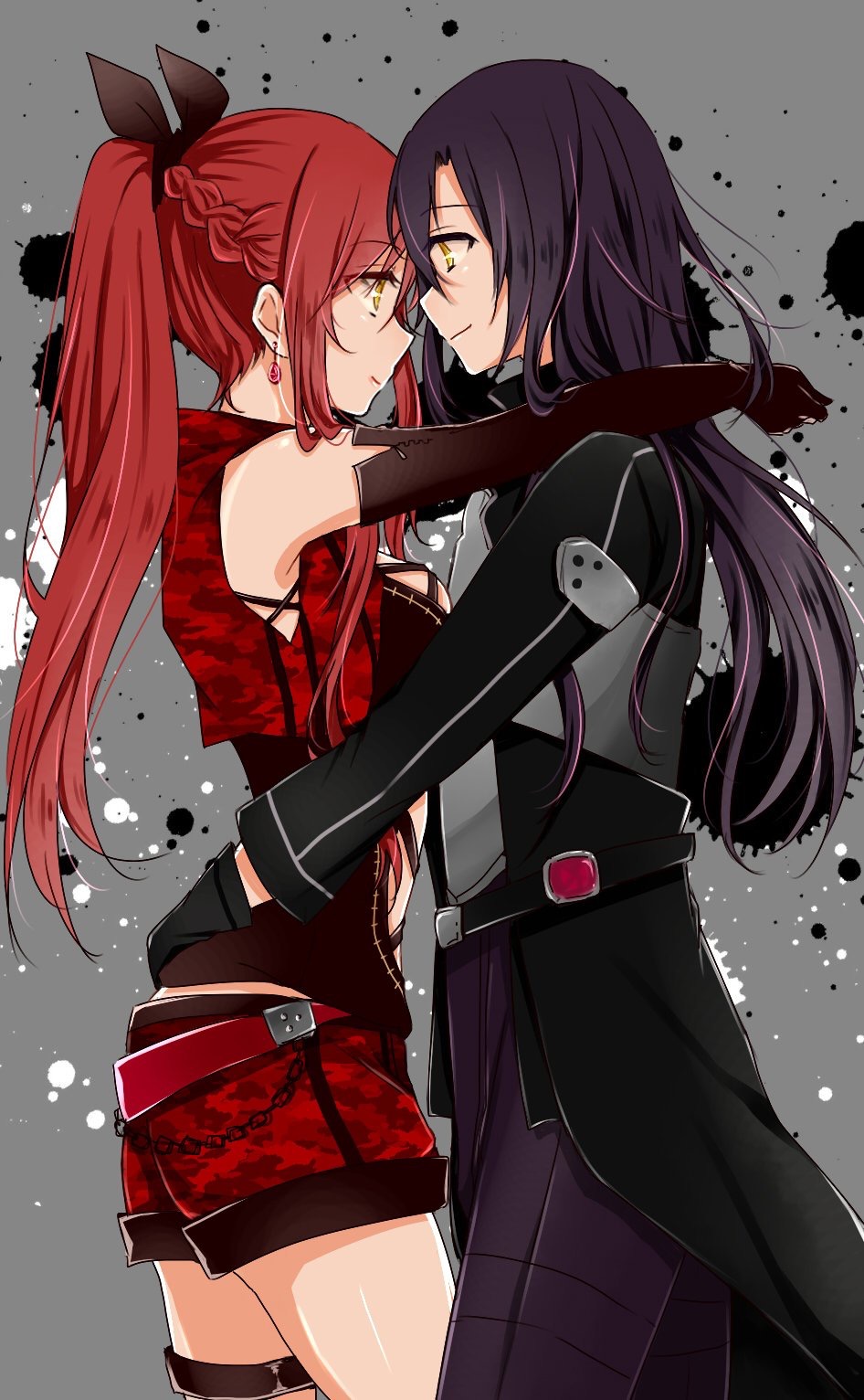 alternate_hair_color, aminyao, asuna_(sao), belt, black_gloves, braid, breasts, character_request, closed_mouth, couple, earrings, elbow_gloves, eye_contact, gloves, grey_background, highres, hug, jewelry, kirito, kirito_(sao-ggo), looking_at_another, medium_breasts, pants, purple_pants, red_belt, red_shorts, shiny_skin, short_shorts, shorts, sideboob, smile, sword_art_online, thigh_strap, yellow_eyes