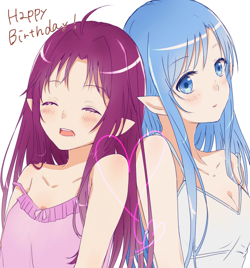 2girls, ahoge, aminyao, asuna_(sao), asuna_(sao-alo), blue_eyes, blue_hair, breasts