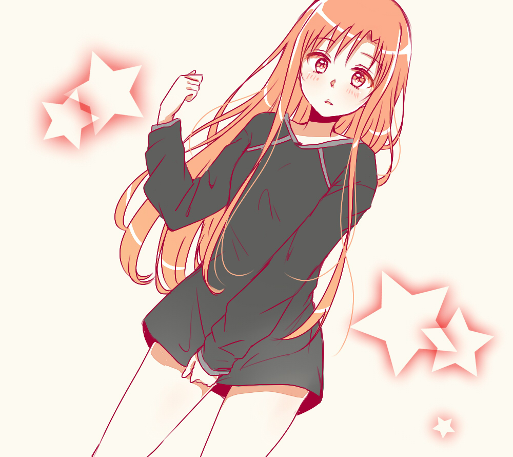 1girl, aminyao, asuna_(sao), black_shirt, blush, borrowed_clothes, brown_eyes, brown_hair, cowboy_shot, dutch_angle, female_focus, hair_between_eyes, hair_down, long_hair, long_sleeves, looking_at_viewer, naked_shirt, shirt, shirt_tug, solo, standing, star_(symbol), sword_art_online, very_long_hair, white_background