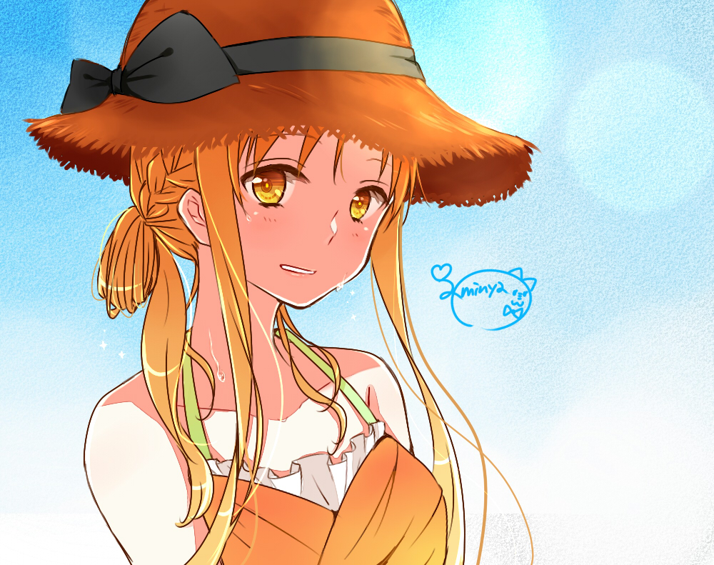 1girl, aminyao, asuna_(sao), black_bow, black_ribbon, blonde_hair, bow, braid