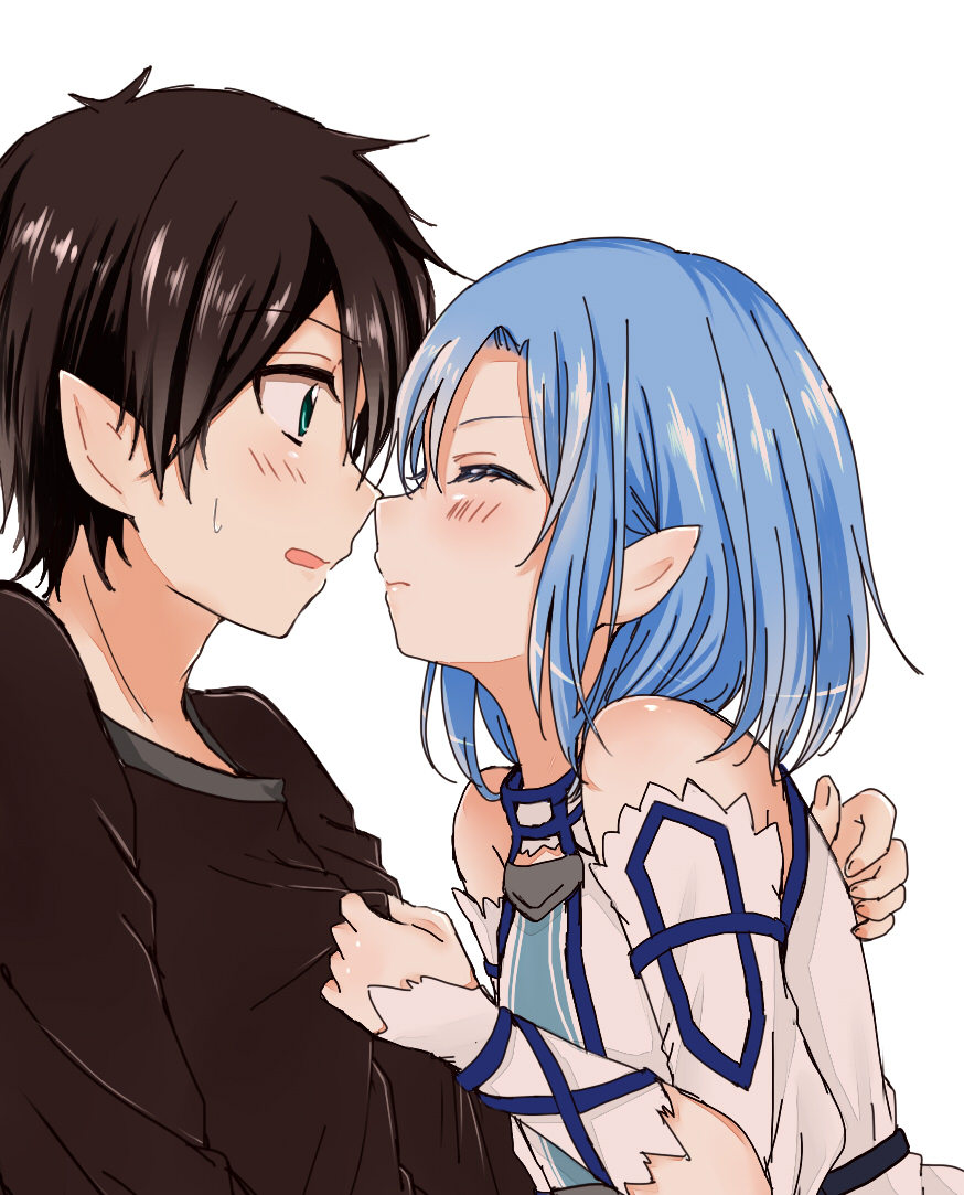 1boy, 1girl, alternate_hair_length, alternate_hairstyle, aminyao, asuna_(sao), asuna_(sao-alo), black_hair