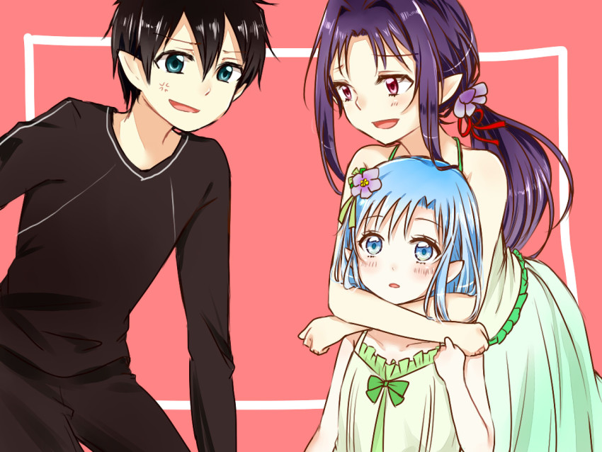 1boy, 2girls, aminyao, asuna_(sao), asuna_(sao-alo), black_hair, black_pants, black_shirt