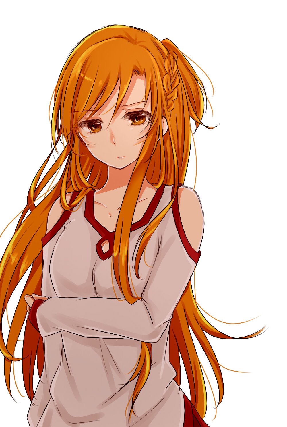 1girl, aminyao, asuna_(sao), braid, breasts, brown_eyes, brown_hair, cleavage