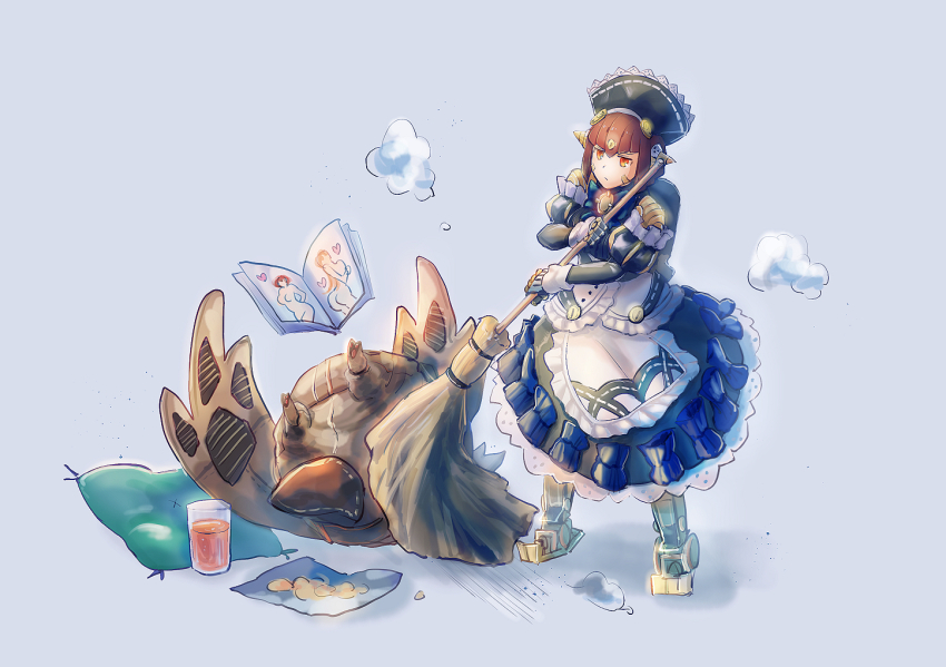 1boy, 1girl, android, annoyed, black_dress, black_hair, broom, cup