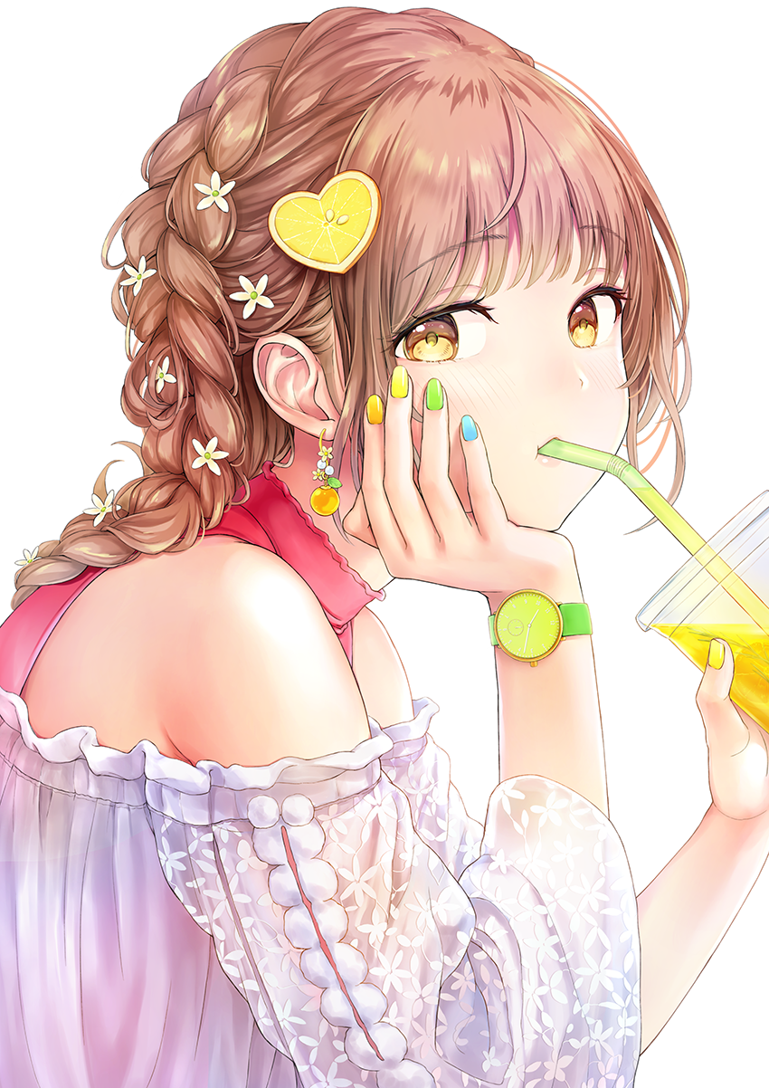 1girl, armpit_crease, arms_up, blush, braid, braided_ponytail, brown_hair, commentary