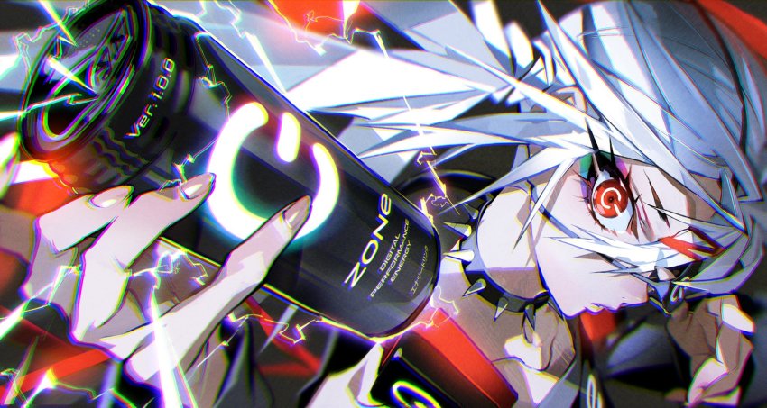 1girl, black_collar, can, chromatic_aberration, collar, collarbone, dive_to_zone, electricity