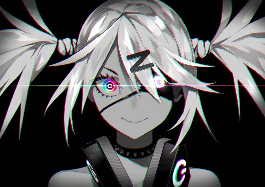 1girl, black_background, chromatic_aberration, closed_mouth, collar, collarbone, dive_to_zone, eyepatch, female_focus, folded_fan, folding_fan, glowing, glowing_eye, greyscale, hair_ornament, hand_fan, headphones, highres, lam_(ramdayo), lens_flare, long_hair, monochrome, multicolored_eyes, original, portrait, power_symbol, rainbow_eyes, simple_background, smile, solo, spiked_collar, spikes, spot_color, twintails, upper_body