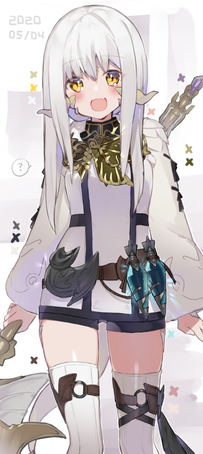 1girl, :d, absurdres, au_ra, bad_id, bad_twitter_id, blush, eyebrows