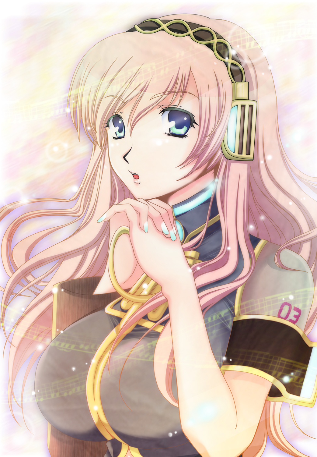 1girl, aqua_eyes, aqua_nails, breasts, close-up, female_focus, fingernails, hairband, highres, kamishiro, large_breasts, long_hair, megurine_luka, musical_note, nail_(hardware), nail_polish, pink_hair, solo, vocaloid
