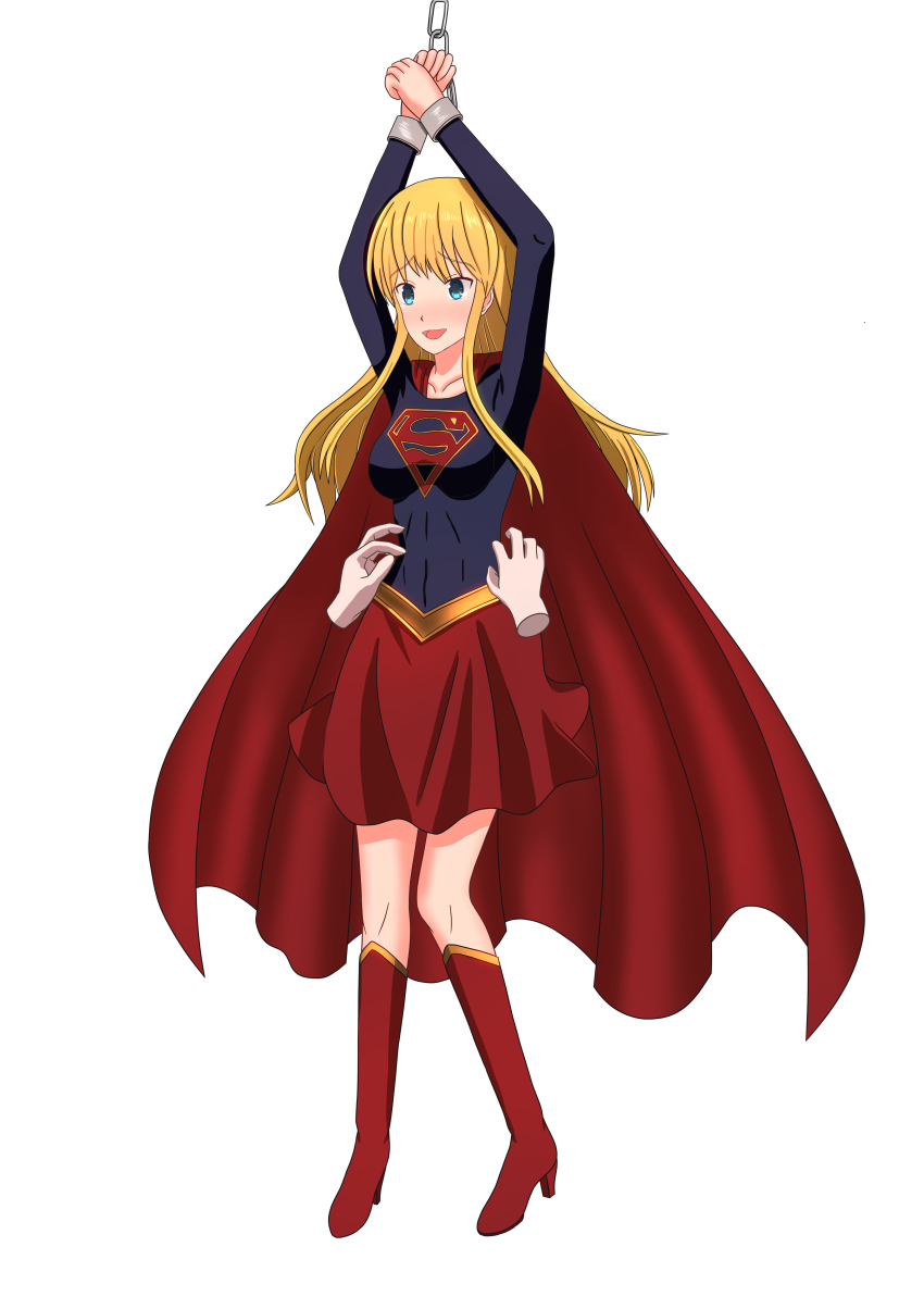 1girl, absurdres, blonde_hair, blue_eyes, blush, boots, breasts, capelet, cloak, dc_comics, female_focus, high_heel_boots, high_heels, highres, laughing, long_hair, red_skirt, skirt, solo, supergirl, thigh_boots, thighhighs, tickling, tickling_sides, xun_yan