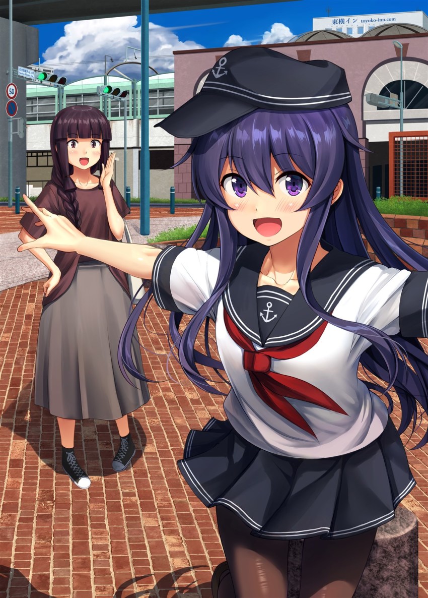 2girls, :d, akatsuki_(kancolle), alternate_costume, anchor_symbol, bag, black_hair, black_headwear, black_legwear, black_sailor_collar, black_skirt, blush, braid, brown_eyes, brown_footwear, brown_shirt, collarbone, flat_cap, grey_skirt, hair_between_eyes, hat, highres, ichikawa_feesu, kantai_collection, kitakami_(kancolle), kitakami_(sasebo)_(kancolle), kitakami_(sasebo_2019)_(kancolle), long_hair, multiple_girls, neckerchief, open_mouth, outstretched_arms, pantyhose, pleated_skirt, purple_eyes, purple_hair, red_neckerchief, sailor_collar, school_uniform, serafuku, shadow, shirt, shoes, short_sleeves, shoulder_bag, sign, single_braid, skirt, smile, sneakers, spread_arms, standing, traffic_light