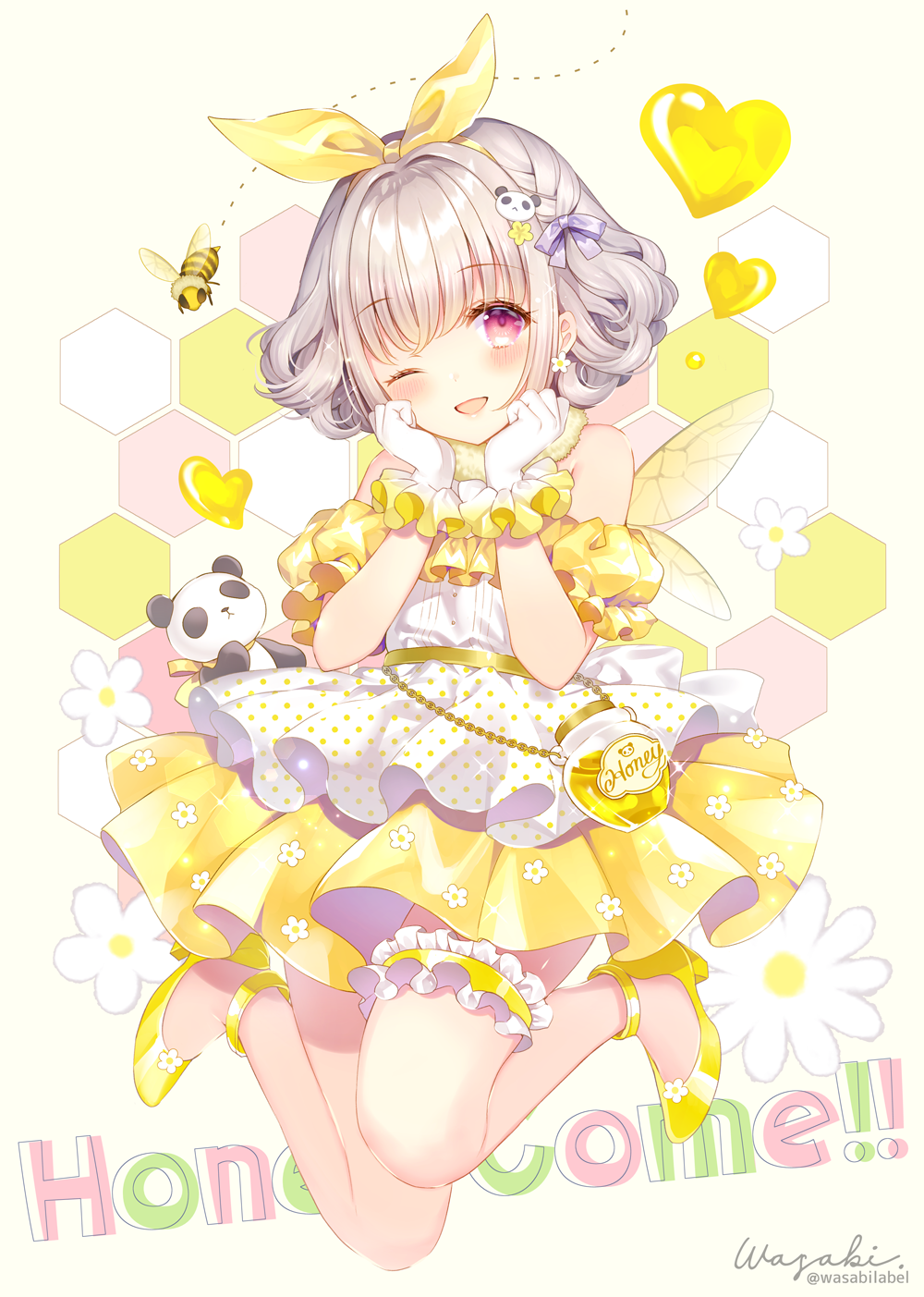1girl, ;d, bare_shoulders, bee, beige_background, blush, bug, commentary_request, detached_sleeves, earrings, english_text, female_focus, flower, flower_earrings, full_body, gloves, grey_hair, hair_flower, hair_ornament, hair_ribbon, hands_up, heart, highres, honeycomb_(pattern), insect, jewelry, kuusou_code_plus, nemukawa_yumena, one_eye_closed, open_mouth, panda_hair_ornament, pleated_skirt, puffy_short_sleeves, puffy_sleeves, red_eyes, ribbon, shirt, shoes, short_hair, short_sleeves, signature, skirt, sleeveless, sleeveless_shirt, smile, solo, text_background, twitter_username, virtual_youtuber, wasabi_(sekai), white_flower, white_gloves, white_shirt, yellow_flower, yellow_ribbon, yellow_shoes, yellow_skirt, yellow_sleeves