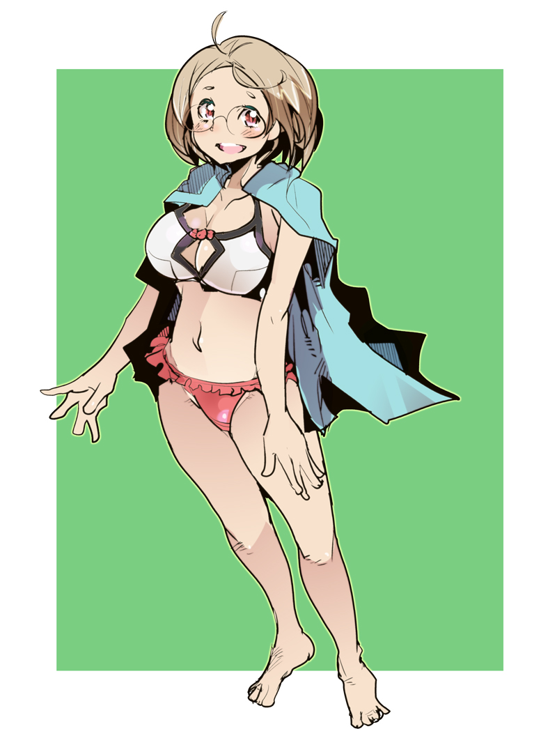 1girl, amies_ernest, barefoot, bikini, brown_hair, cape, cowlick, female_focus, glasses, green_background, navel, open_mouth, red_eyes, short_hair, solo, super_robot_wars, super_robot_wars_t, swimsuit, towel, uchiuchi_keyaki