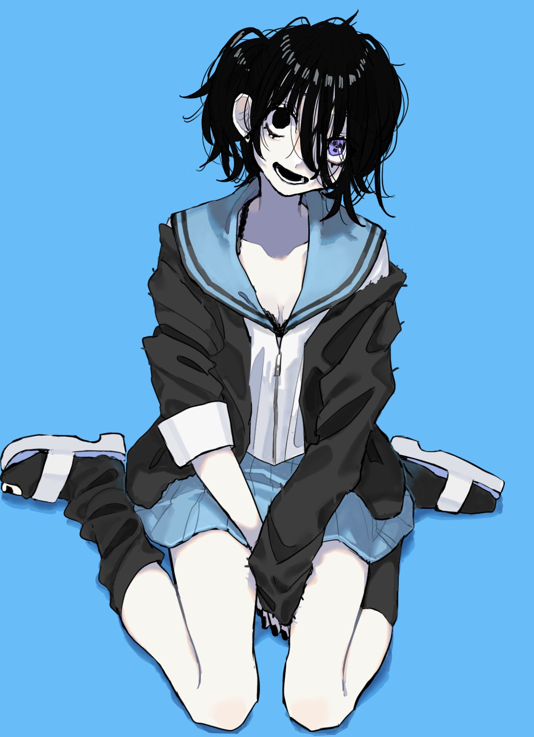 1girl, asymmetrical_legwear, asymmetrical_sleeves, black_eyes, black_hair, black_nails, blue_eyes, blue_skirt