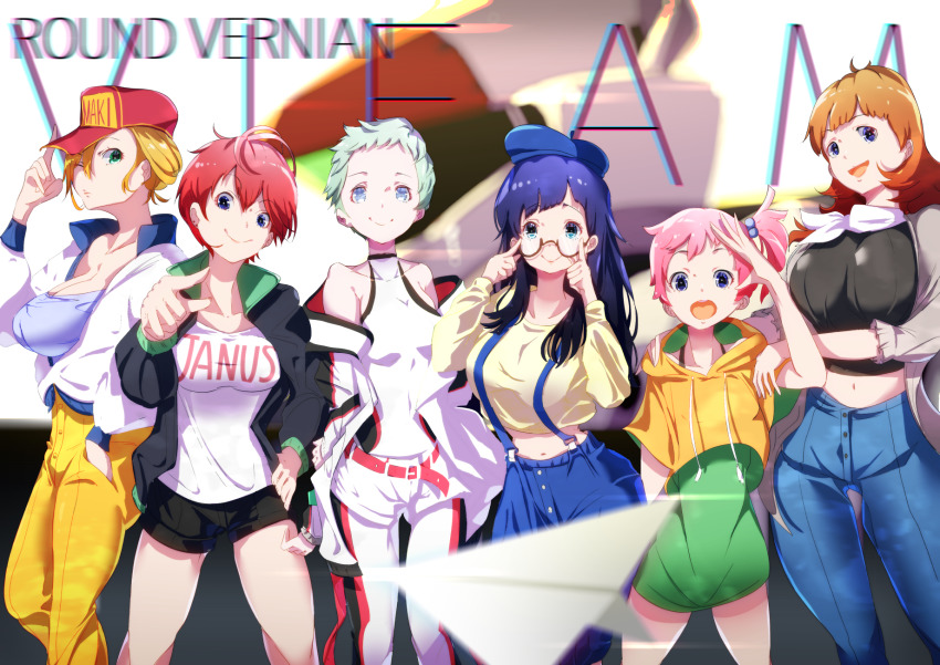 6+girls, blonde_hair, blue_eyes, blue_hair, blue_headwear, brown_hair, clare_barbland, copyright_name