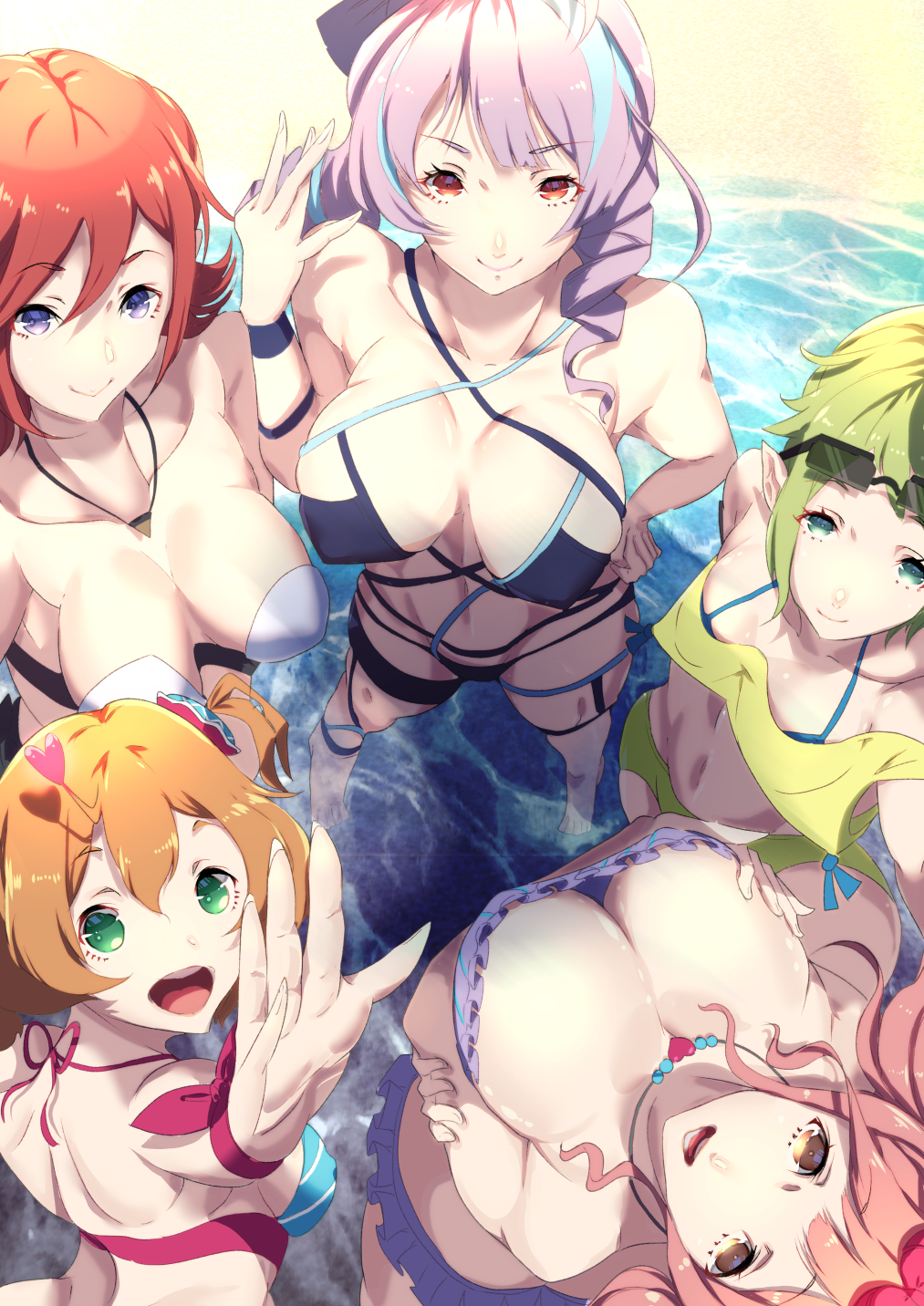 5girls, bikini, black_bikini, blue_bikini, breasts, brown_eyes, cleavage, eyewear_on_head