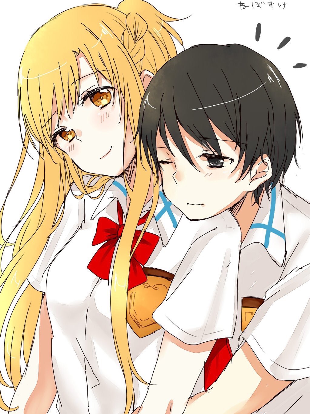 1boy, 1girl, aminyao, asuna_(sao), black_eyes, black_hair, blonde_hair, bow