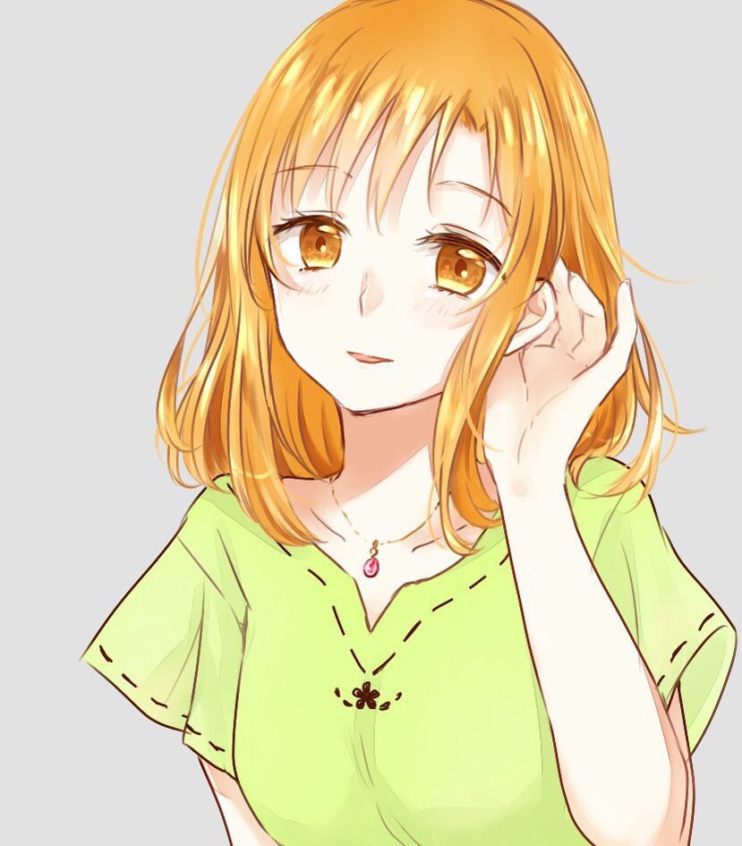 1girl, adjusting_hair, aminyao, asuna_(sao), blonde_hair, collarbone, female_focus, grey_background