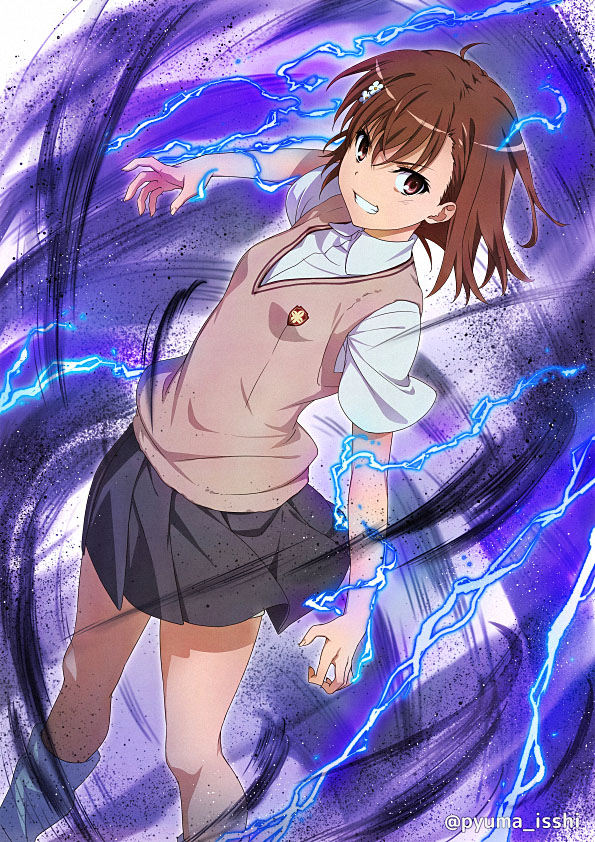 1girl, action, biribiri, brown_eyes, brown_hair, dutch_angle, electricity, electrokinesis, fantasy, female_focus, isshi_pyuma, looking_at_viewer, loose_socks, magnetism, metal, metal_sand, misaka_mikoto, pleated_skirt, psychic, school_uniform, science_fiction, shirt, short_hair, skirt, smile, socks, solo, sweater_vest, toaru_kagaku_no_railgun, toaru_majutsu_no_index, tokiwadai_school_uniform, twitter_username, v-neck