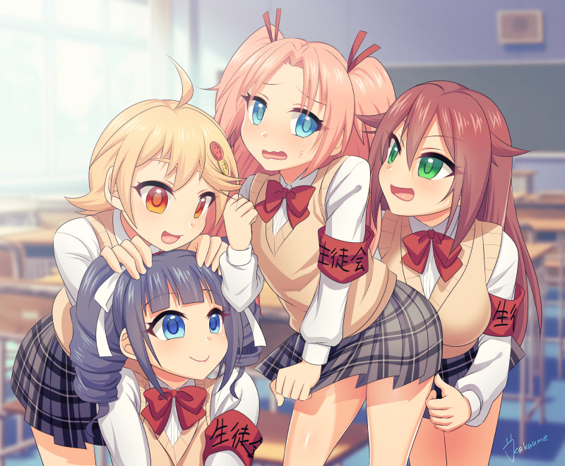 18-kin, 1boy, 3girls, ahoge, albertina_the_2nd, aqua_eyes, arikawa_hime, armband, artist_name, blonde_hair, blue_eyes, bow, chair, chalkboard, checkered_clothes, checkered_skirt, classroom, closed_mouth, collared_shirt, desk, drill_hair, forehead, furrowed_brow, green_eyes, hair_bow, hair_ornament, hair_ribbon, hands_on_another's_head, himegoto, kakuume, knees_together_feet_apart, legs_apart, legs_together, long_hair, long_sleeves, medium_hair, multiple_girls, open_mouth, orange_eyes, parted_bangs, pink_hair, purple_hair, red_bow, red_hair, red_neckwear, red_ribbon, ribbon, sadako_(himegoto), school_chair, school_desk, shiny_skin, shirt, short_hair, sidelocks, signature, skirt, skirt_tug, smile, standing, sweat, sweatdrop, trap, twin_drills, vest, white_bow, white_ribbon, white_shirt