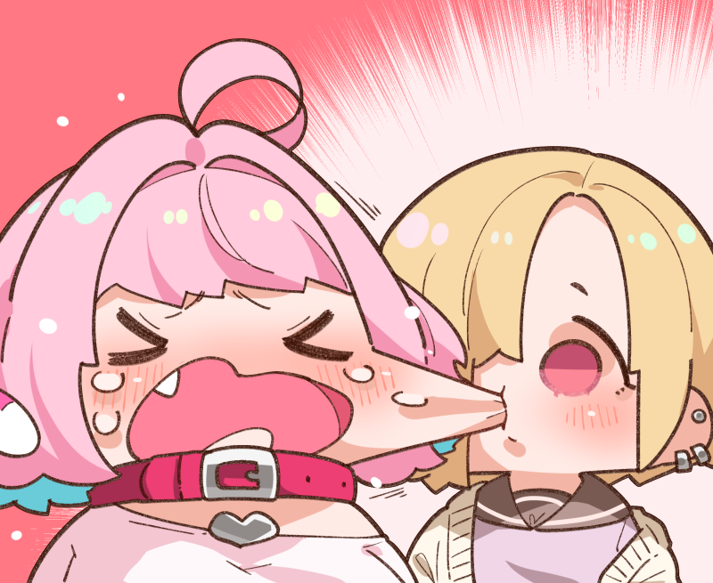 2girls, ahoge, blonde_hair, blue_hair, breasts, cardigan, cheek_sucking, chibi