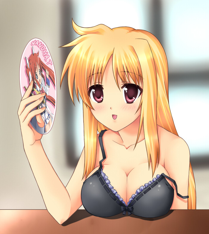00s, 1girl, 467_(artist), bad_id, bad_pixiv_id, blonde_hair, blush, breast_rest, breasts, cleavage, fate_testarossa, female_focus, hand_fan, large_breasts, long_hair, lyrical_nanoha, mahou_shoujo_lyrical_nanoha, mahou_shoujo_lyrical_nanoha_strikers, solo, strap_slip, takamachi_nanoha