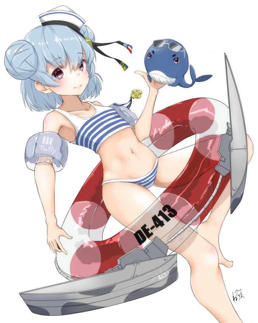 1girl, absurdres, bikini, blue_hair, dixie_cup_hat, double_bun, eyewear_on_head, female_focus