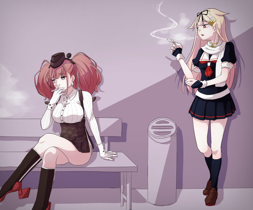 2girls, absurdres, anchor_hair_ornament, anya_(anyapoiiii), atlanta_(kancolle), black_gloves, black_headwear, black_legwear