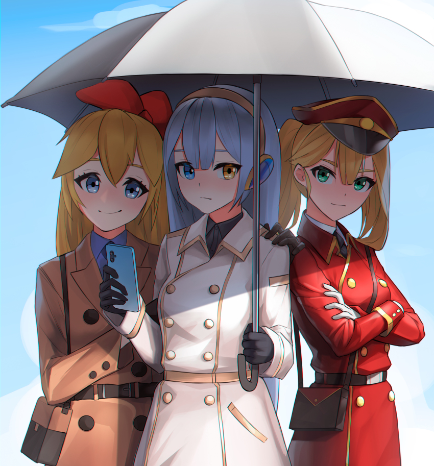 3girls, absurdres, alternate_hairstyle, annette_(king's_raid), bag, blonde_hair, blue_eyes, bow