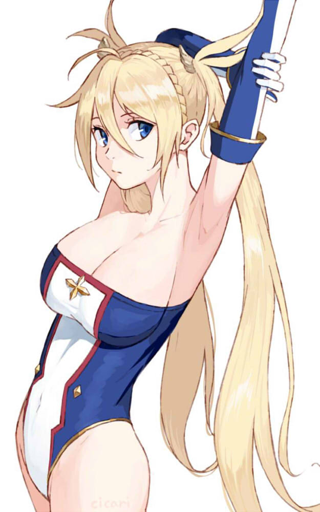 1girl, armpits, arms_behind_head, arms_up, bare_shoulders, blonde_hair, blue_eyes, blue_leotard, bradamante_(fate), bradamante_(first_ascension)_(fate), braid, breasts, cicari, cleavage, closed_mouth, collarbone, covered_navel, crown_braid, elbow_gloves, fate/grand_order, fate_(series), female_focus, gloves, hair_between_eyes, hair_ornament, highleg, highleg_leotard, large_breasts, leotard, long_hair, looking_at_viewer, multicolored_leotard, simple_background, solo, stretching, twintails, two-tone_leotard, very_long_hair, white_background, white_leotard
