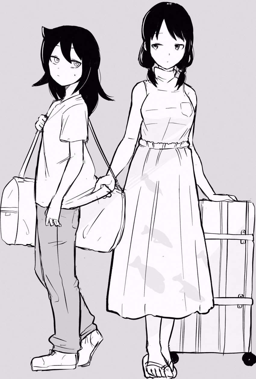 2girls, :|, animal_print, bag, bags_under_eyes, casual, closed_mouth, duffel_bag, fish_print, from_side, greyscale, harasunosioyaki, highres, kuroki_tomoko, long_skirt, looking_to_the_side, monochrome, multiple_girls, pants, print_skirt, rolling_suitcase, sandals, shirt, shirt_tug, shoes, short_sleeves, sideways_glance, simple_background, sketch, skirt, sleeveless, sleeveless_turtleneck, suitcase, sweatdrop, t-shirt, tamura_yuri, turtleneck, watashi_ga_motenai_no_wa_dou_kangaetemo_omaera_ga_warui!