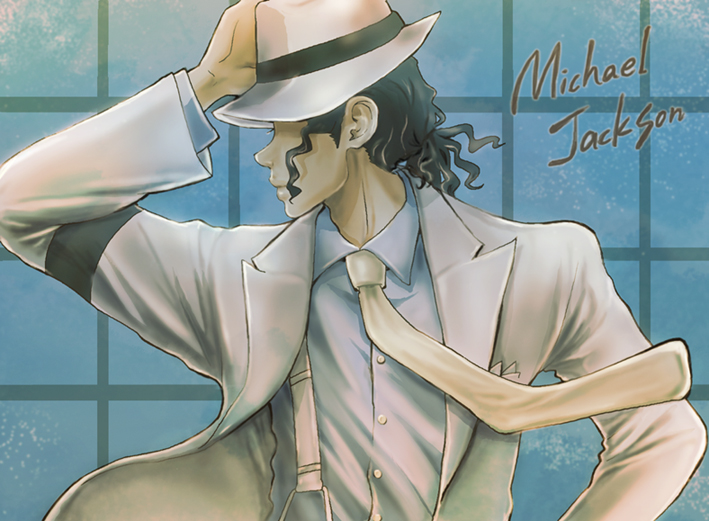 1boy, animification, armband, black_hair, buttons, fedora, formal_clothes, hand_on_headwear, hat, male_focus, michael_jackson, mm-mb, necktie, no_eyes, real_life, serious, smooth_criminal, solo, square-end_necktie, suit, suspenders, wing_collar