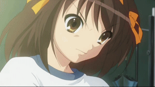 00s, angry, animated, animated_gif, anime_screenshot, brown_hair, english_text, episode14, hair_raising, lowres, short_hair, shouting, solo, suzumiya_haruhi, suzumiya_haruhi_no_yuuutsu, tsundere