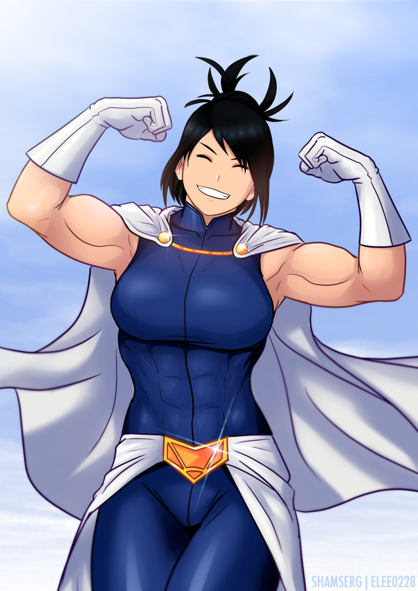 1girl, abs, biceps, black_hair, bodysuit, boku_no_hero_academia, cape, closed_eyes, cloud, commission, elee0228, female_focus, flexing, gloves, highres, muscular, muscular_female, shamserg, shimura_nana, short_hair, sky, sleeveless, sleeveless_bodysuit, smile, solo, teeth, tight_clothes, watermark, white_cape, white_gloves