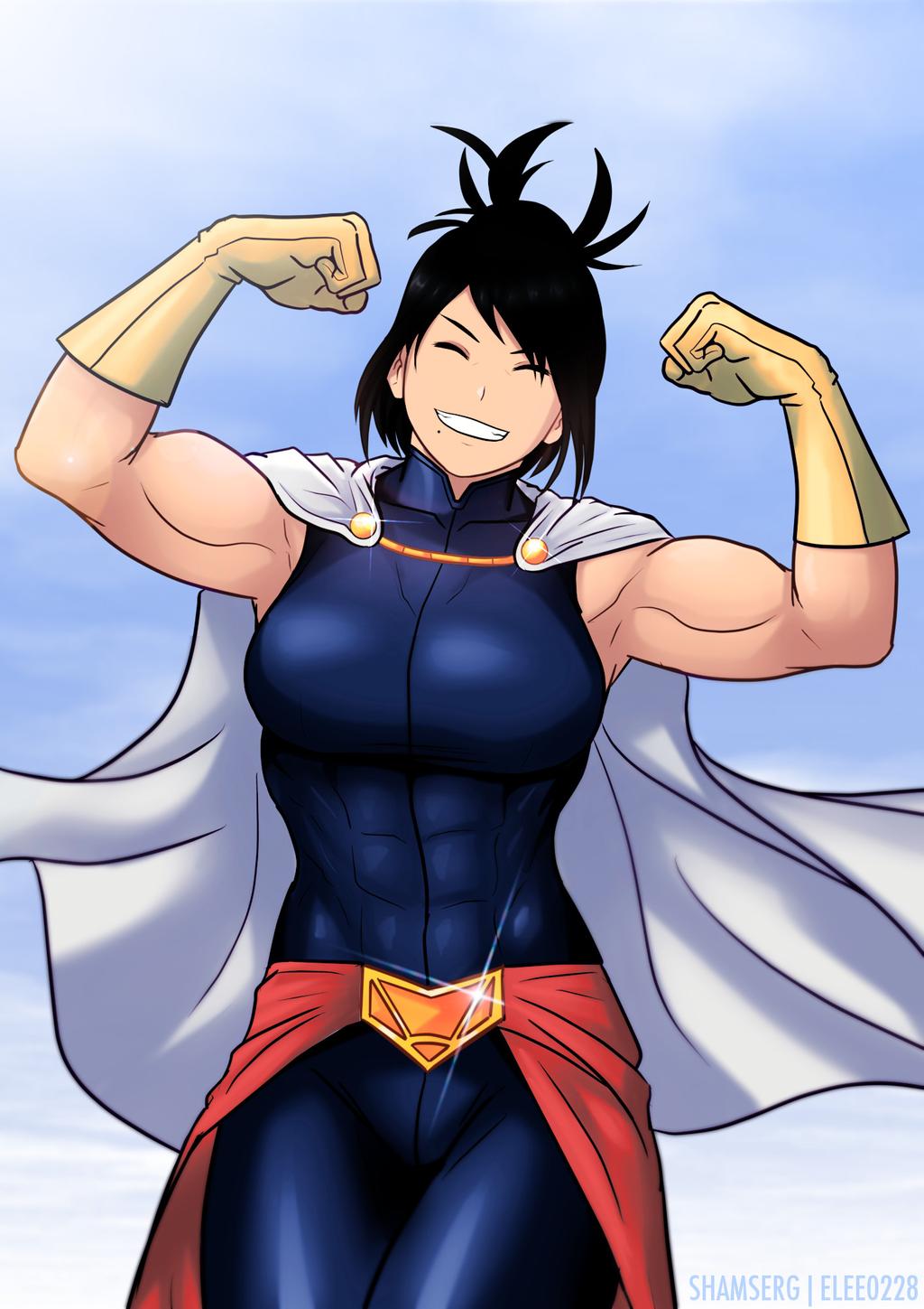 1girl, abs, biceps, black_hair, bodysuit, boku_no_hero_academia, cape, closed_eyes, cloud, commission, elee0228, female_focus, flexing, gloves, highres, muscular, muscular_female, red_gloves, shamserg, shimura_nana, short_hair, sky, smile, solo, teeth, third-party_edit, tight_clothes, watermark, white_cape