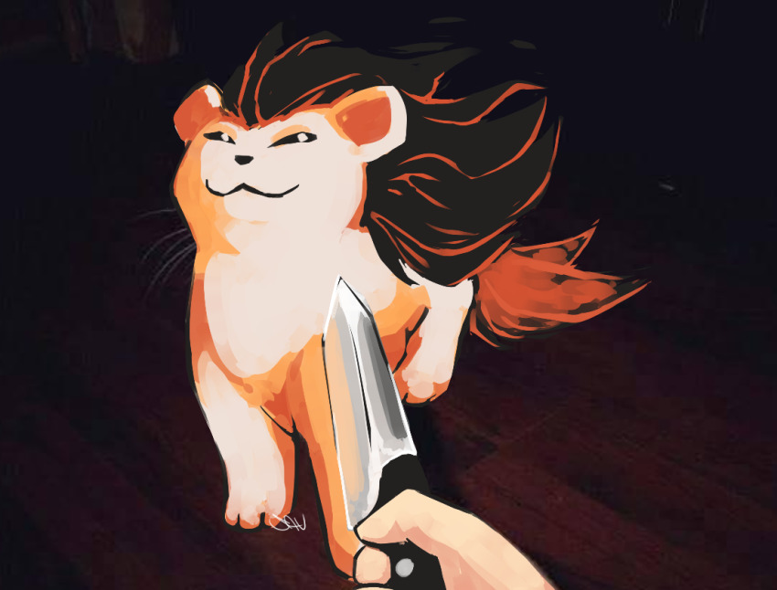 :3, beta_pokemon, closed_mouth, commentary, creature, english_commentary, holding, holding_knife, knife, knife_cat_(meme), looking_at_viewer, meme, nintendo, pokemon, pokemon_(creature), pokemon_gold/silver/crystal, pokemon_gold/silver/crystal_(prototype), prototype_design, savvart, signature, solo_focus, viewer_holding_weapon, volbear