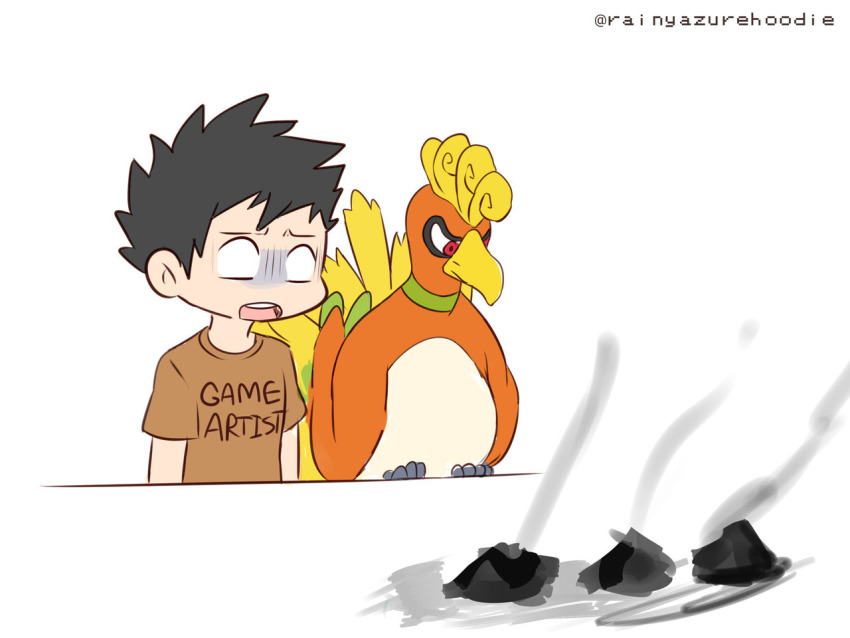 1boy, 9koma, ashes, bird, black_hair, brown_shirt, comic, commentary