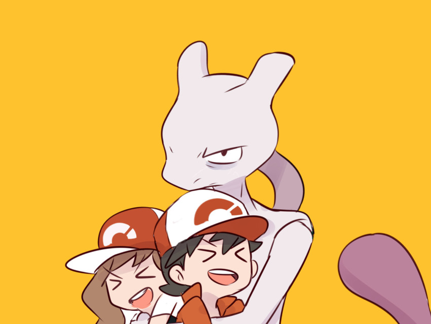 >_<, 1boy, 1girl, baseball_cap, black_hair, brown_hair, chase_(pokemon), commentary