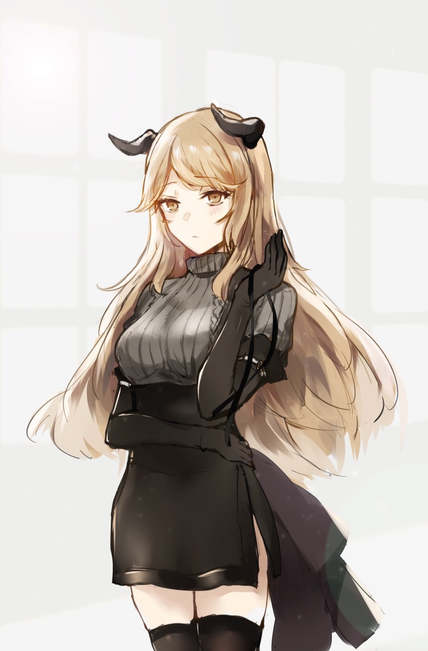 1girl, absurdres, arknights, black_gloves, black_skirt, black_thighhighs, breasts, brown_eyes