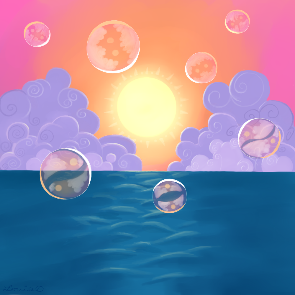 bubble, cloud, cloudy_sky, commentary, english_commentary, louveo, nintendo, no_humans, ocean, pokemon, pokemon_mystery_dungeon, pokemon_mystery_dungeon:_explorers_of_time/darkness/sky, scenery, sky, sun, twilight, water
