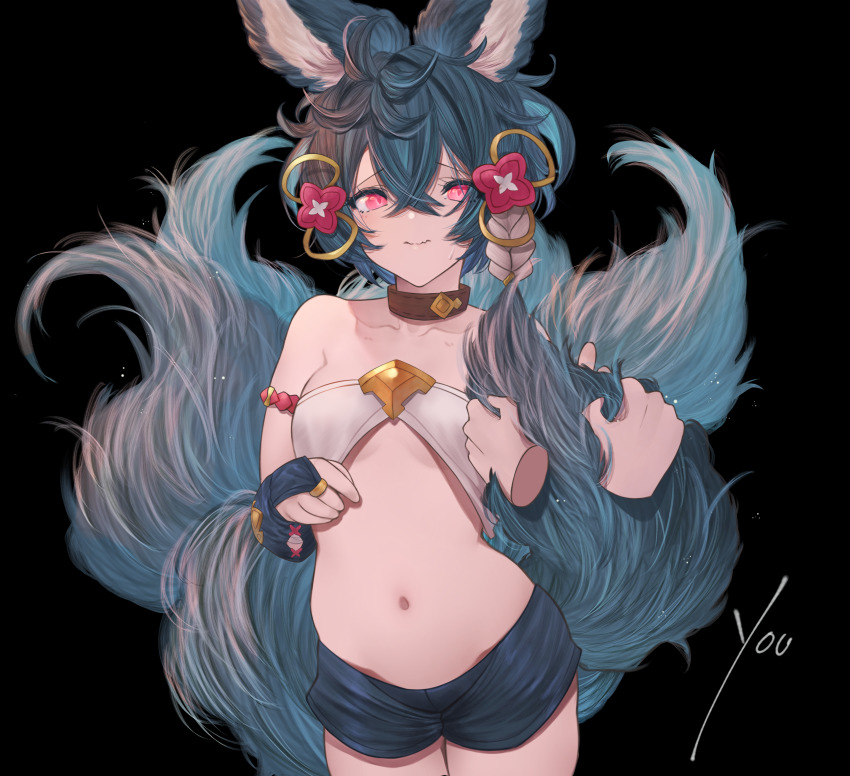 1girl, absurdres, animal_ears, bare_shoulders, betanonbeet, black_background, black_shorts, blue_hair