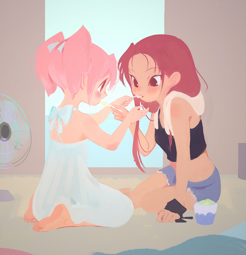 2girls, alternate_costume, arm_support, bad_id, bad_pixiv_id, bare_arms, bare_legs, bare_shoulders