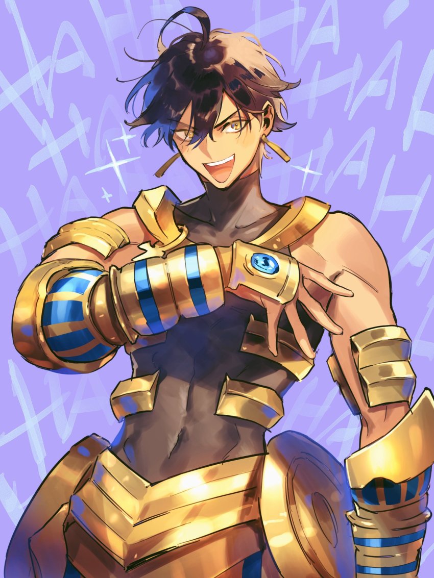 1boy, abs, ahoge, ancient_egyptian_clothes, arm_up, armor, bare_shoulders, bikkusama