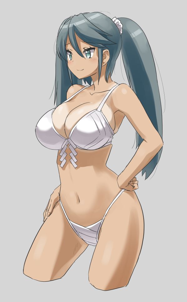 1girl, bikini, blue_eyes, blue_hair, blush, breasts, closed_mouth, cropped_legs