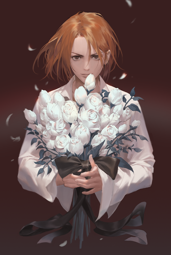 1boy, black_ribbon, bouquet, brown_hair, bud, closed_mouth, collared_shirt, floating_hair
