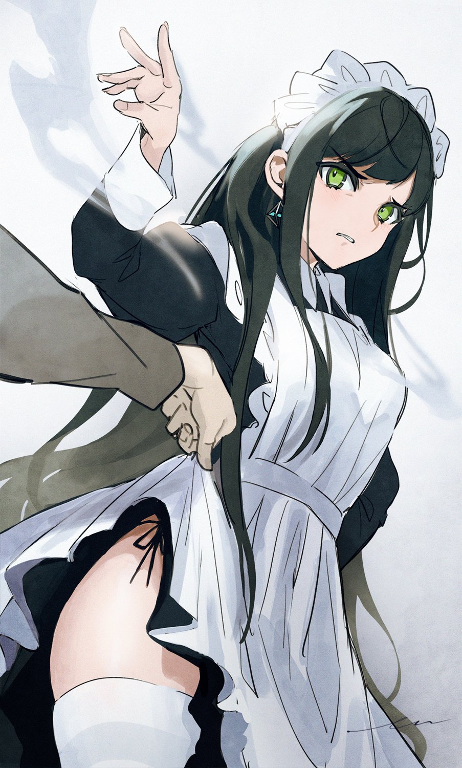 1girl, angry, apron, clothes_lift, disgust, earrings, green_eyes, highres