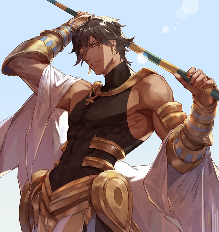 1boy, ahoge, ancient_egyptian_clothes, arm_armor, black_hair, cape, clear_sky, covered_abs